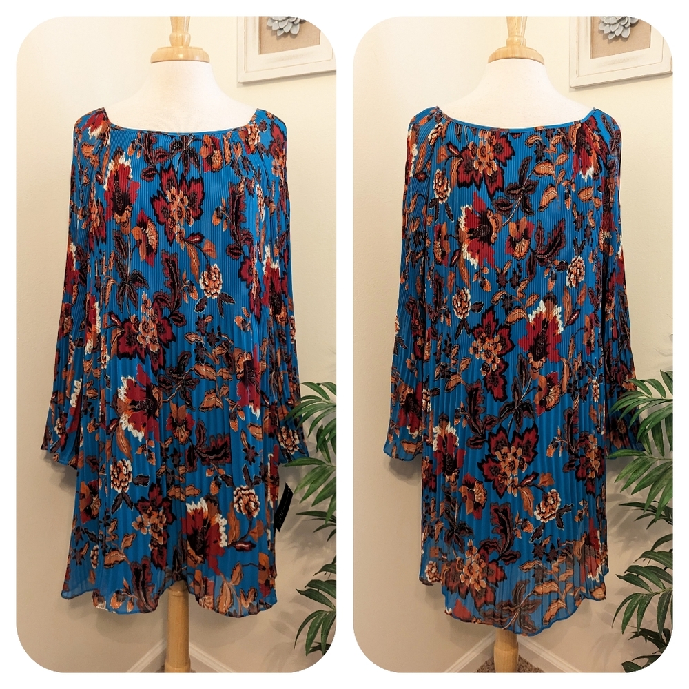 INC International Concepts Floral Pleated Cold Shoulder Bell Sleeve Shift Dress